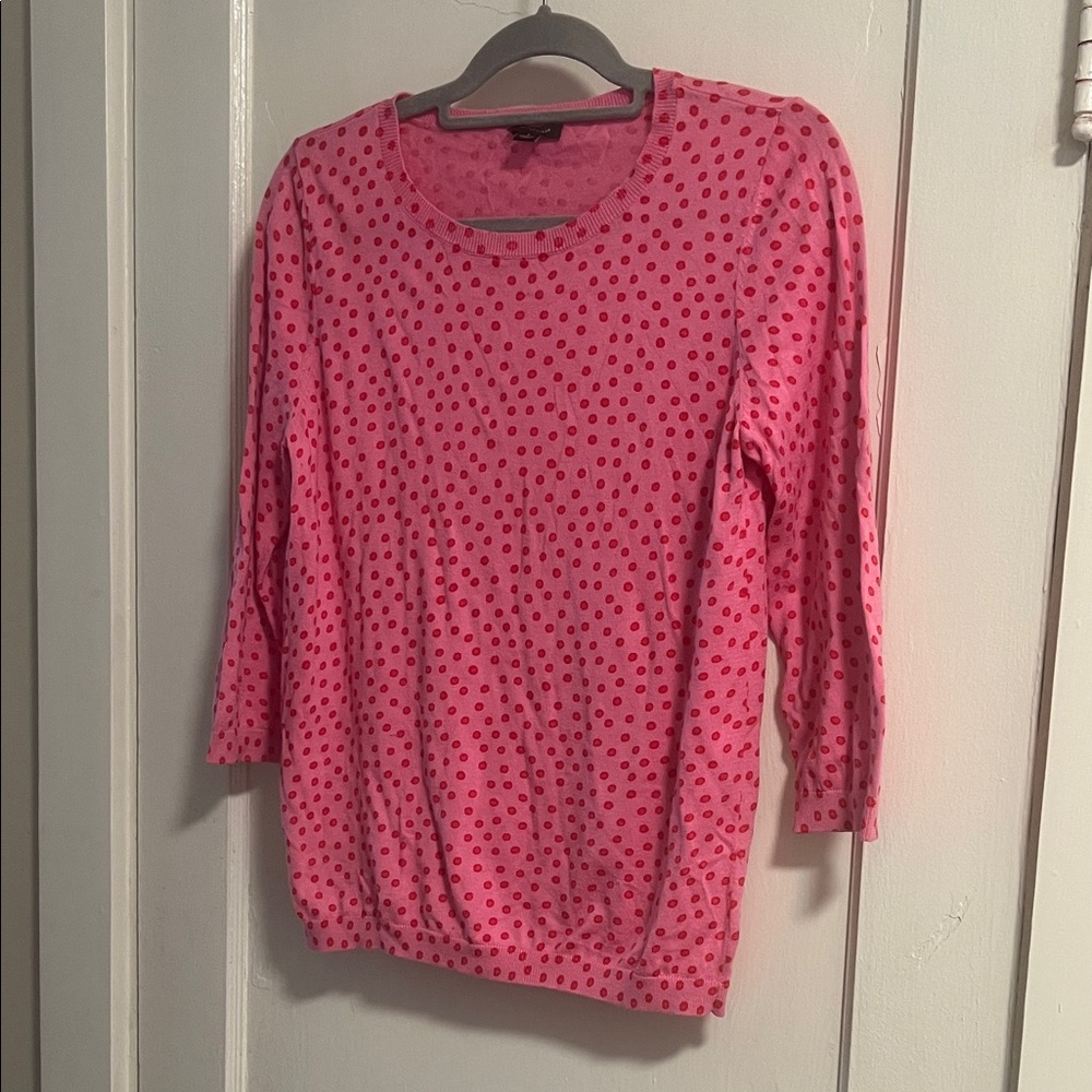 Ann Taylor Pink and Red Polka Dot Long Scoop Neck Sweater